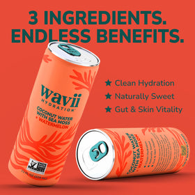 Wavii chilled can served beside glass and fruit.