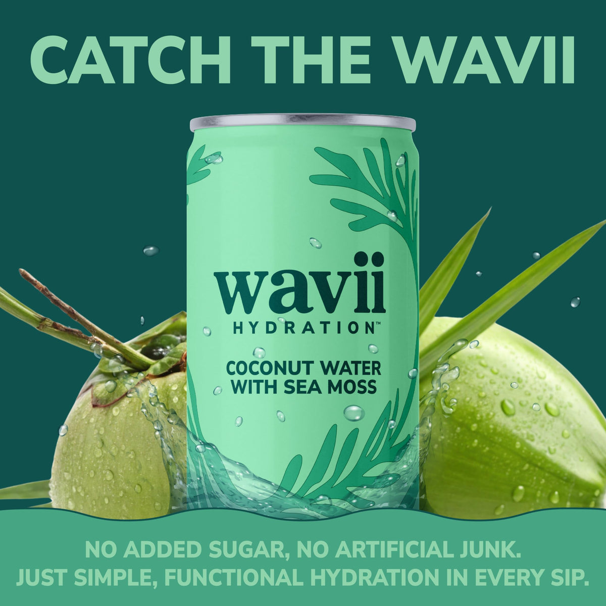 Wavii coconut water can-closeup showing natural electrolytes for refreshment.