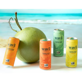 Wavii coconut water sea moss label closeup emphasizes organic ingredients.