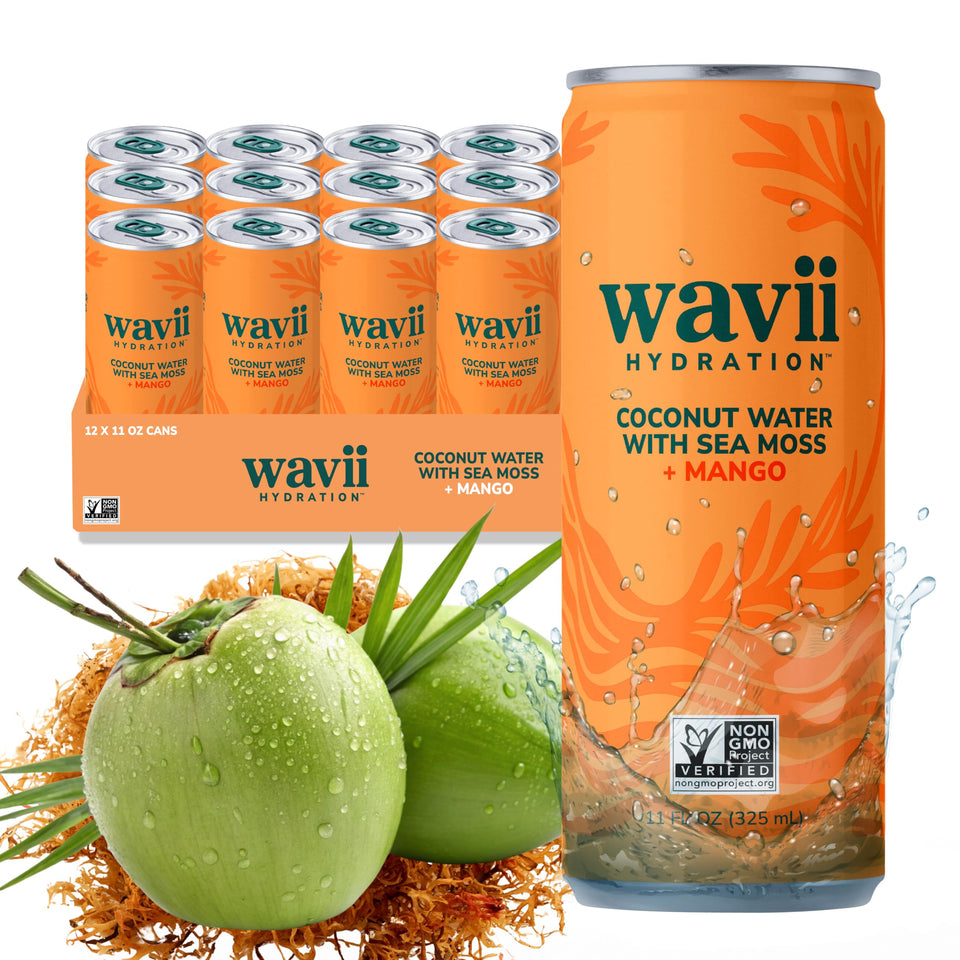 Wavii coconut water with sea moss mango can close-up for refreshing minerals.