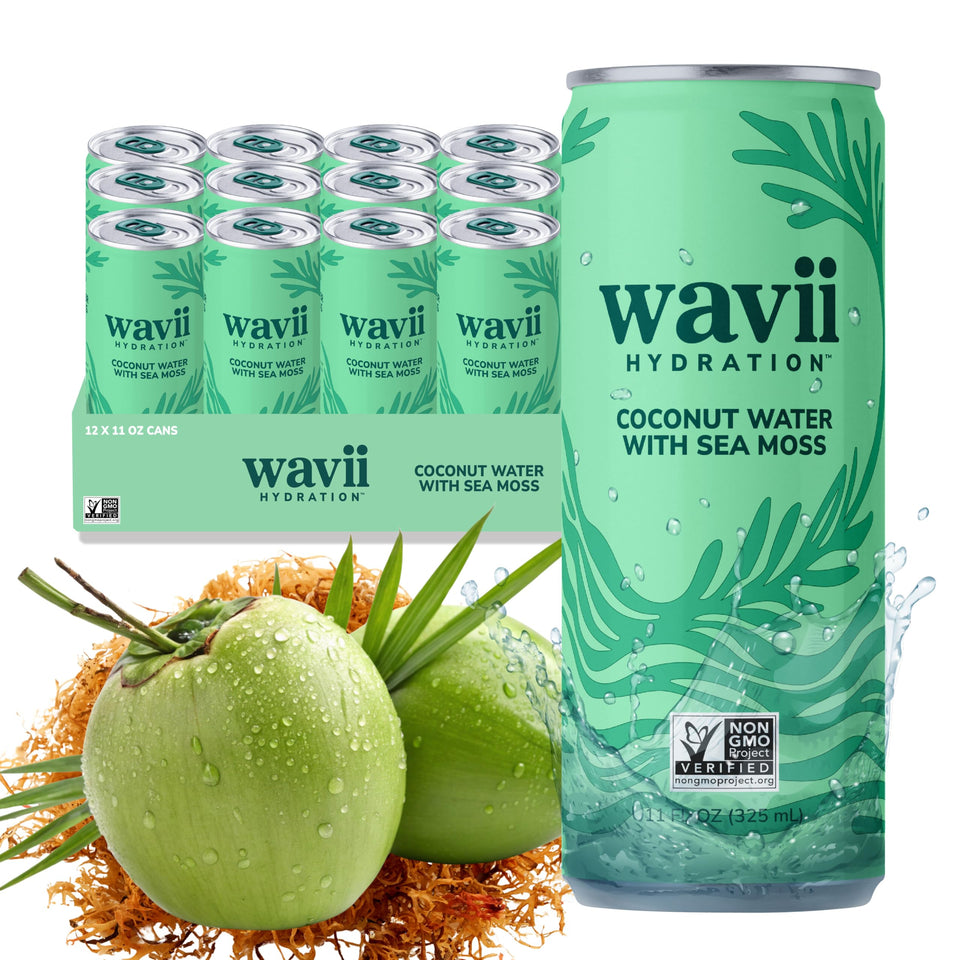 Wavii coconut water with sea moss pack-front for easy daily hydration.