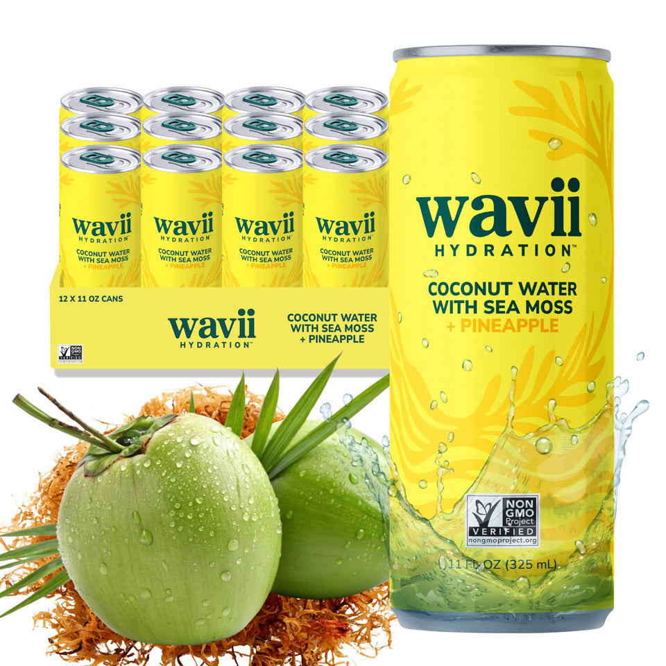 Wavii coconut water with sea moss and pineapple in an 11 oz can, 12-pack