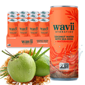 Wavii coconut water with sea moss watermelon can shows mineral-rich hydration.