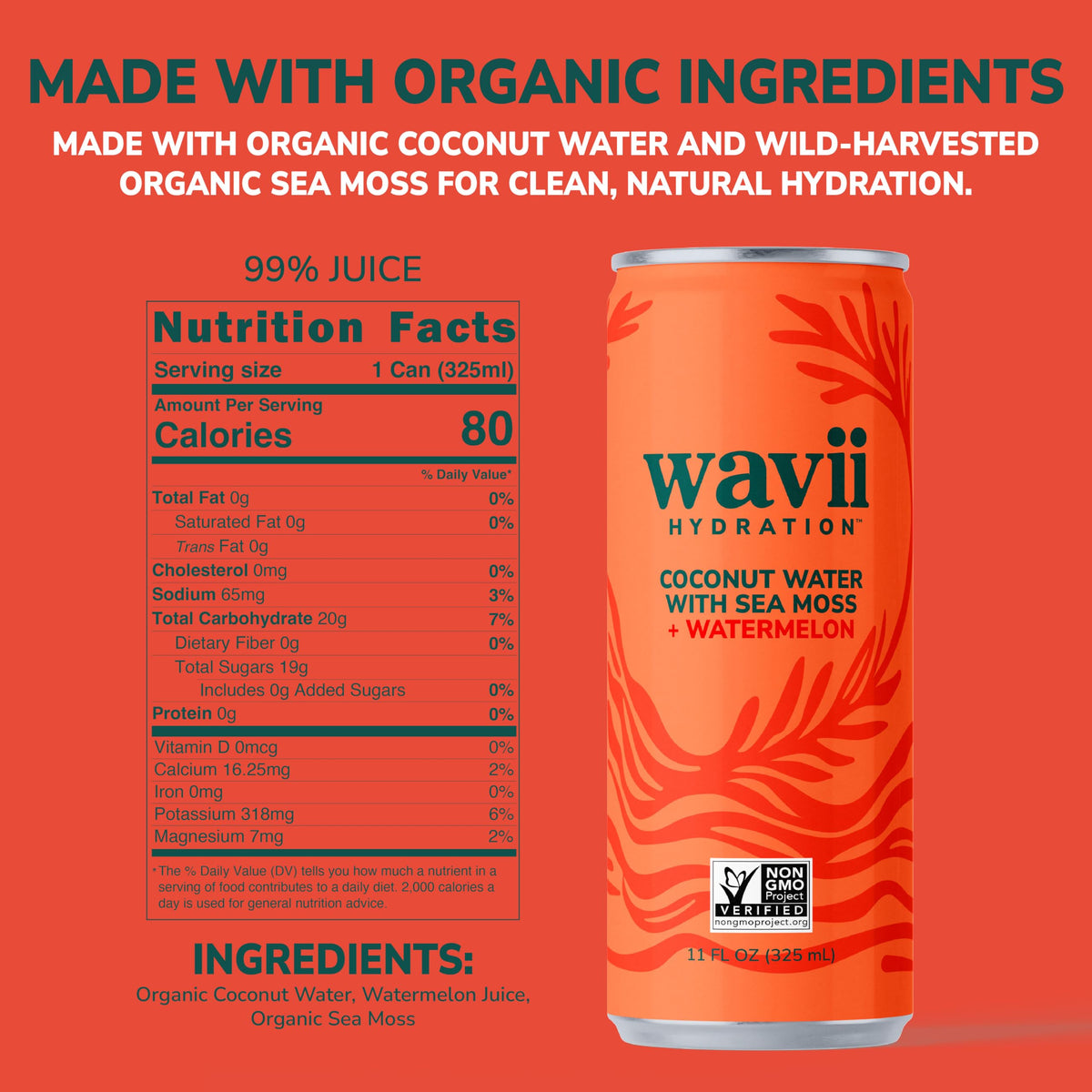 Wavii electrolyte-rich coconut water showcases potassium, calcium, and magnesium.