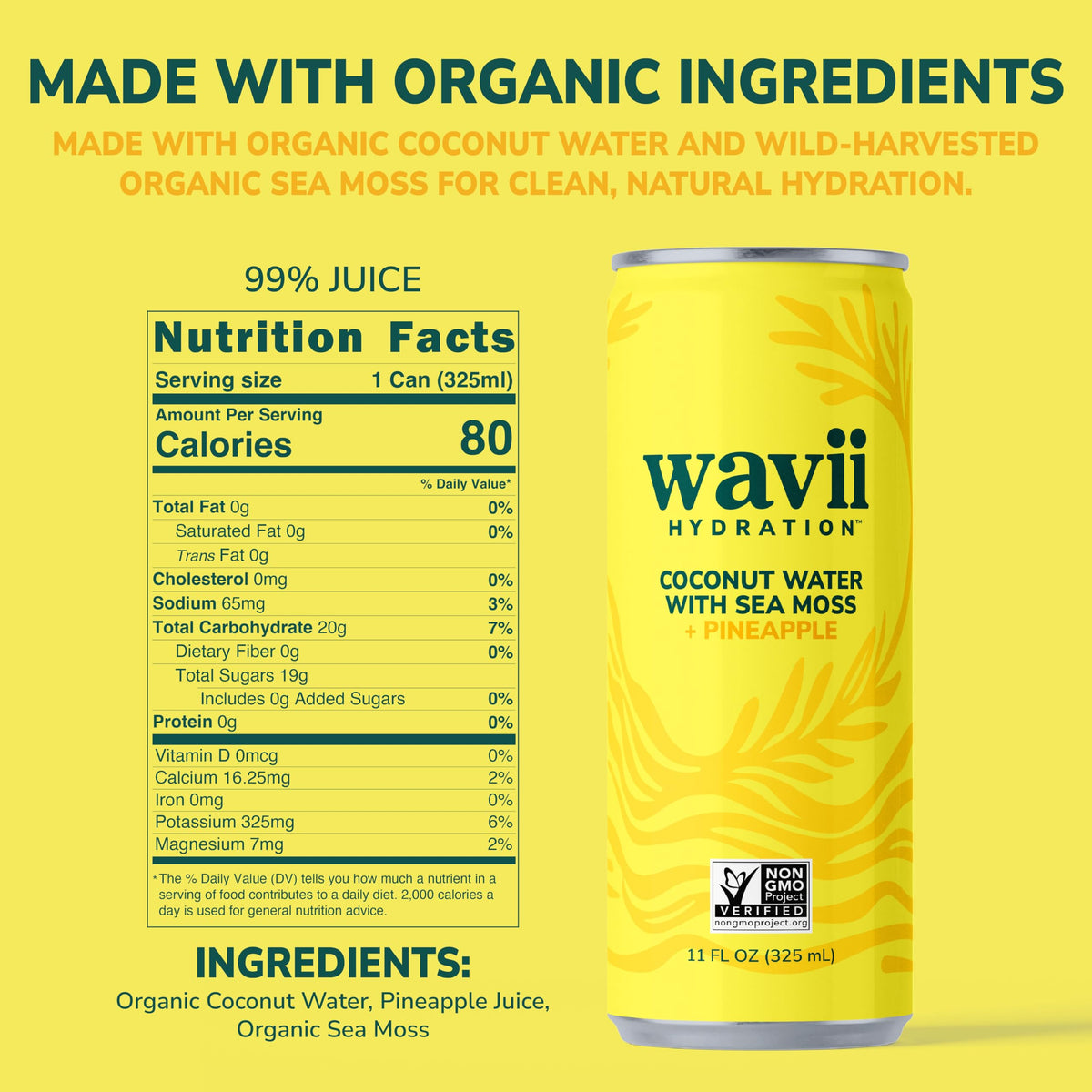 Wavii organic coconut water ingredients on clean kitchen surface