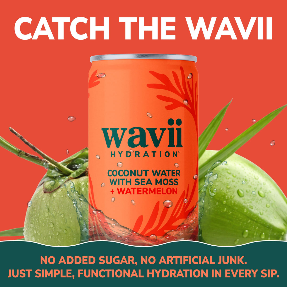 Wavii organic coconut water pouring from can emphasizes pure hydration.