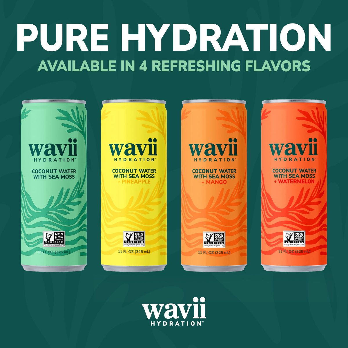 Wavii twelve-pack cans arranged for on-the-go hydration.