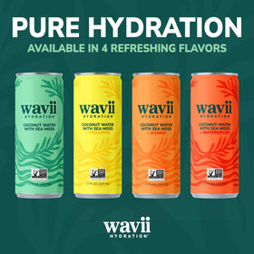 Wavii twelve-pack cans arranged for on-the-go hydration.