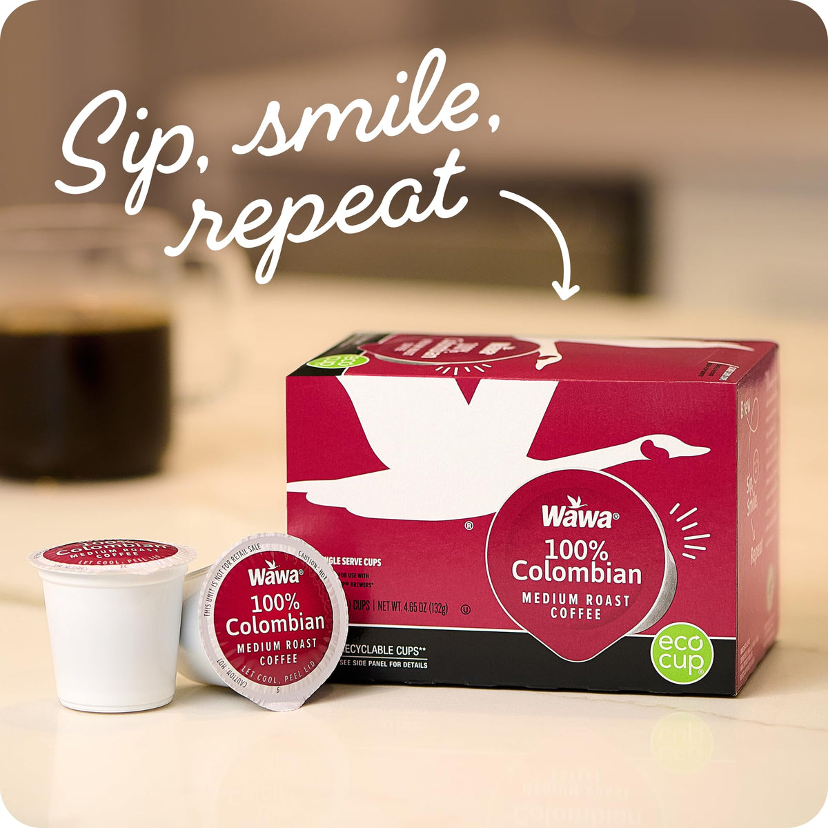 Wawa coffee pod brew closeup showing rich aroma and smooth taste.