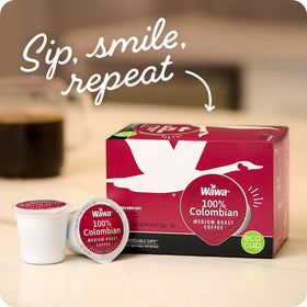 Wawa coffee pod brew closeup showing rich aroma and smooth taste.