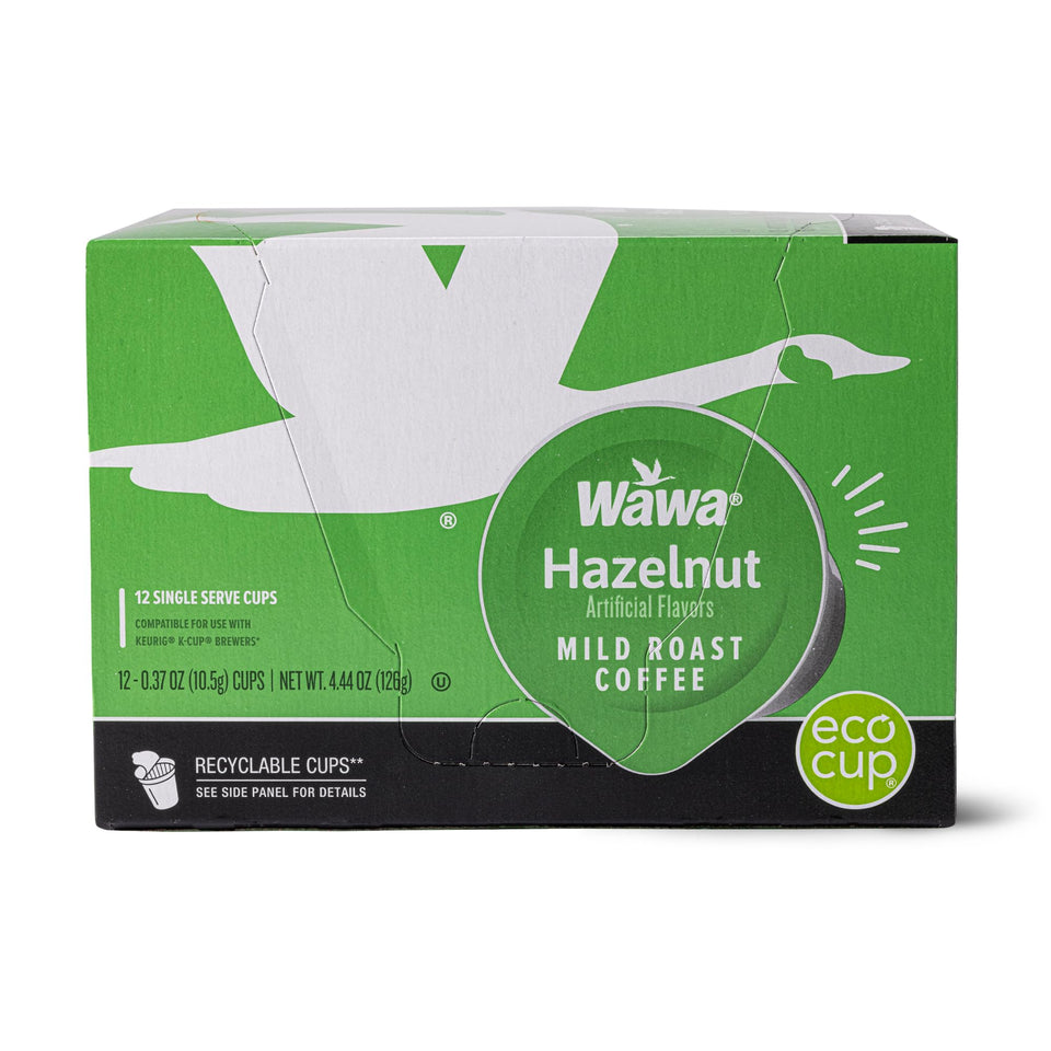 Wawa Mild Roast Hazelnut Pods box shows a 12-count pack for home use.