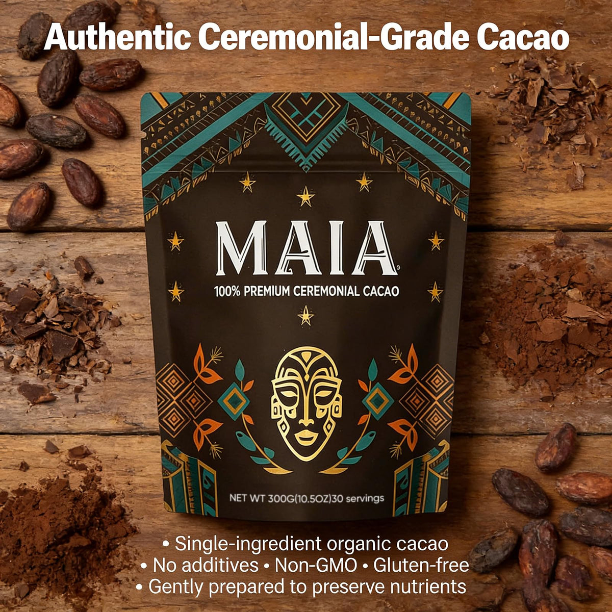 Wdvpue Maia ceremonial cacao magnesium focus closeup suggests relaxed mood and concentration support.