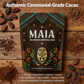 Wdvpue Maia ceremonial cacao magnesium focus closeup suggests relaxed mood and concentration support.