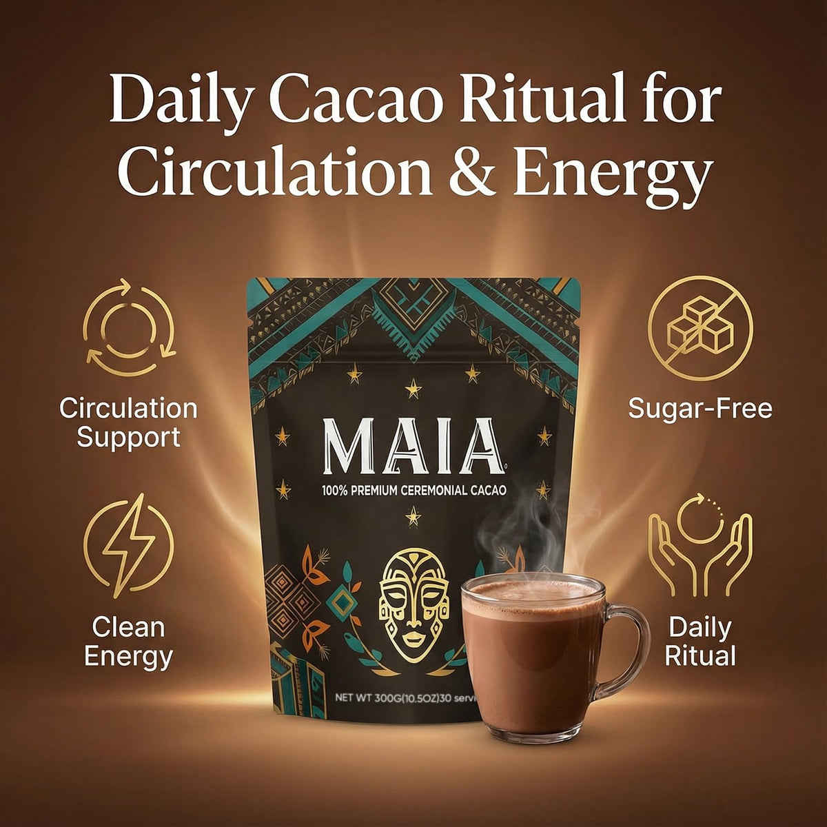 Wdvpue Maia ceremonial cacao powder closeup highlights rich texture for ritual drinks.