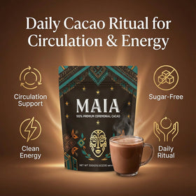Wdvpue Maia ceremonial cacao powder closeup highlights rich texture for ritual drinks.