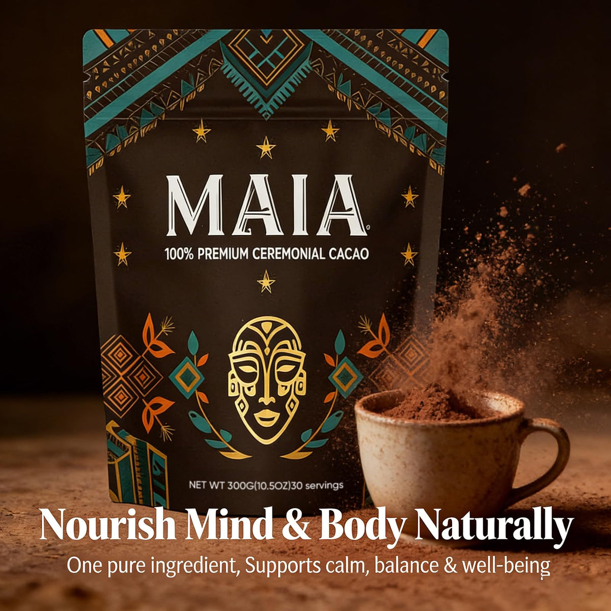 Wdvpue Maia ceremonial cacao vegan non-gmo badge displays ethical choice and plant-based quality.