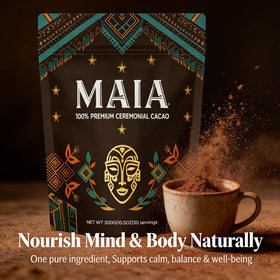 Wdvpue Maia ceremonial cacao vegan non-gmo badge displays ethical choice and plant-based quality.
