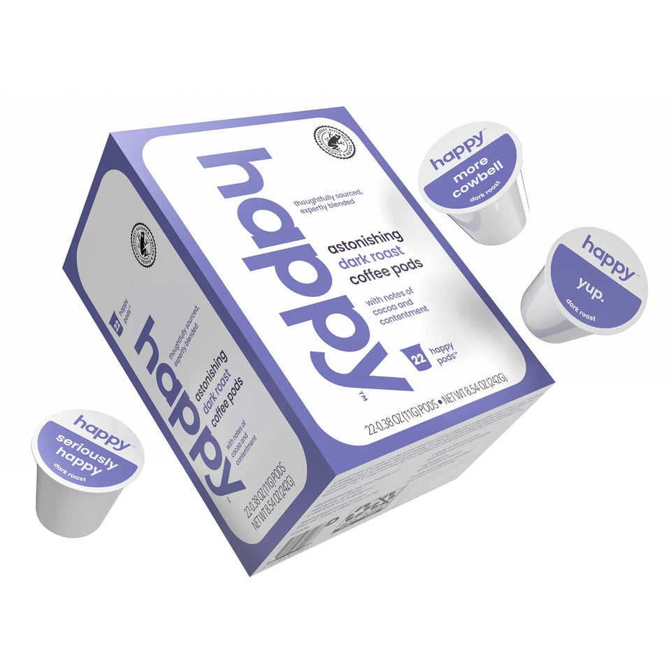We Are Happy dark roast coffee pods with cocoa notes for a rich morning.