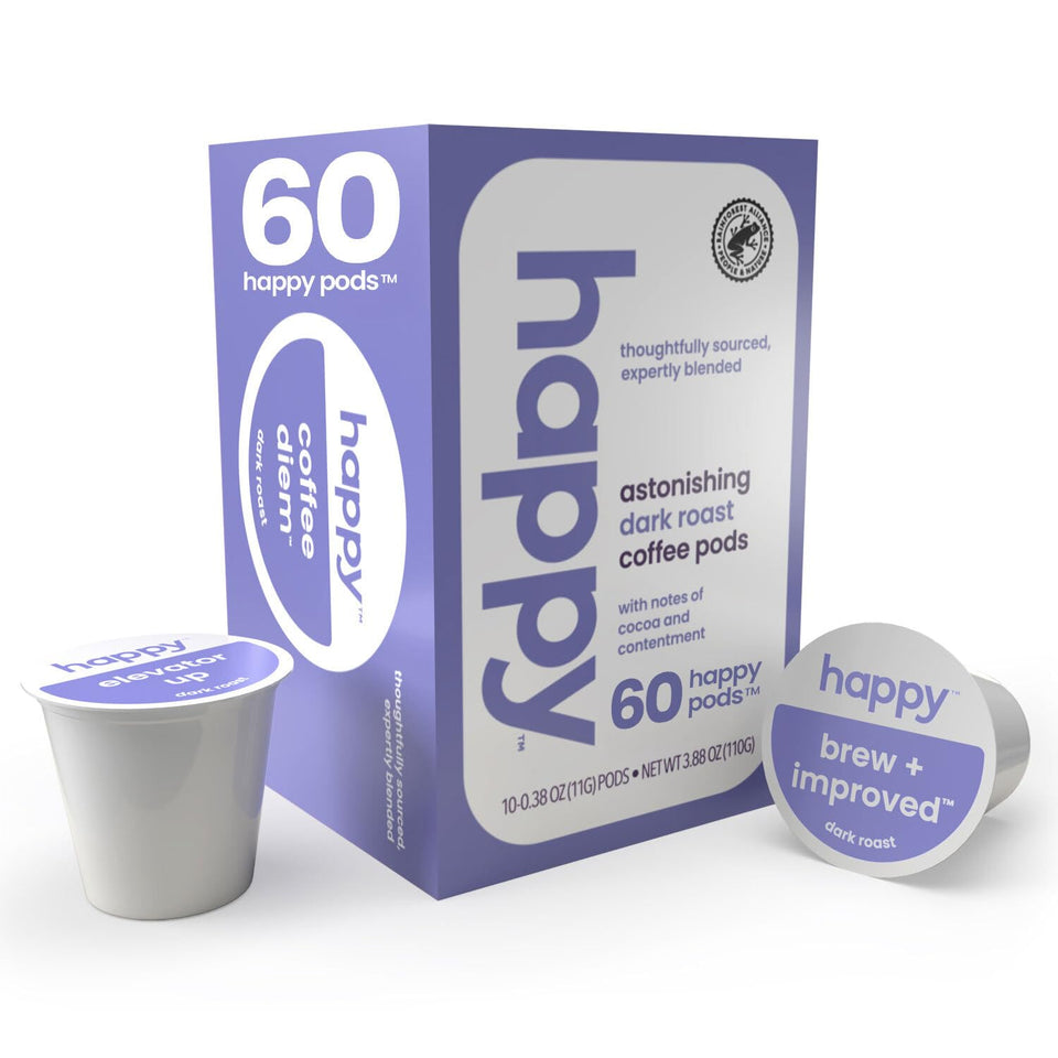 We Are Happy dark roast pods in a 60-count box for easy K-Cup brewing.
