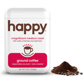 We Are Happy coffee medium roast ground in a recyclable bag for easy brewing
