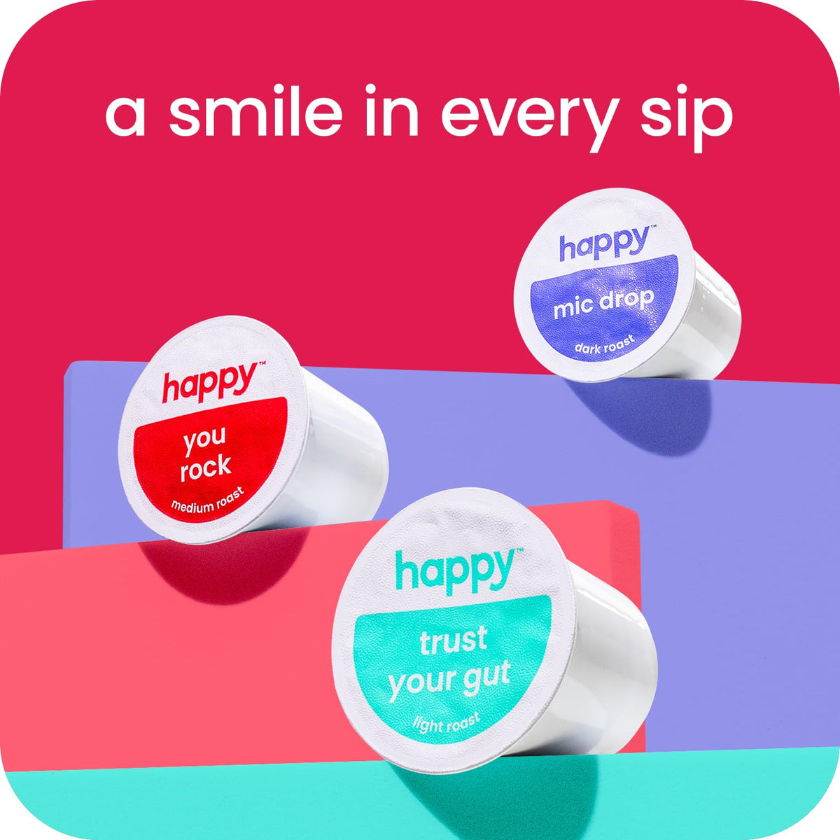We Are Happy Happy Coffee Pod 100% Arabica beans offer balanced flavor.