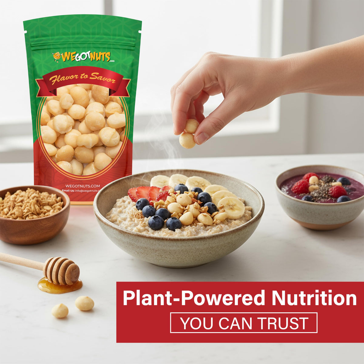 We Got Nuts air-tight resealable bag preserves crunch and freshness