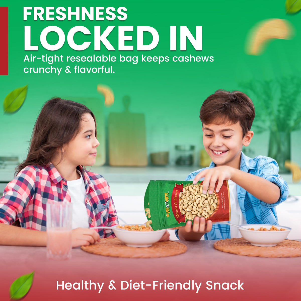 We Got Nuts cashews on a pantry shelf signal freshness.