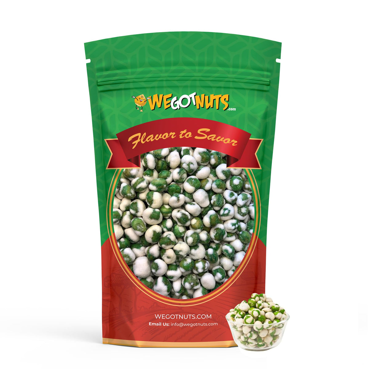Resealable bag preserves freshness of Wasabi Peas for later enjoyment