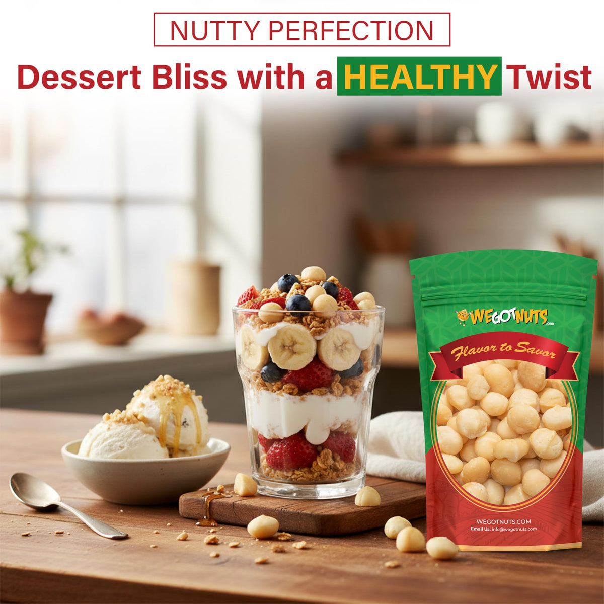 We Got Nuts kitchen setup with macadamias—bulk nuts for baking and snacking.