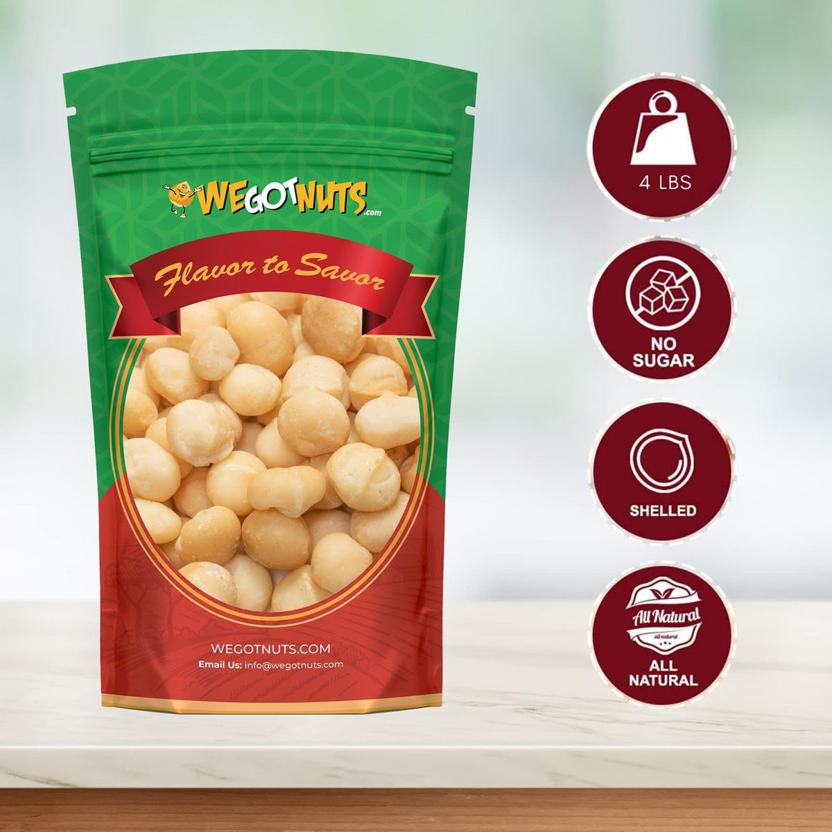 We Got Nuts macadamia nuts closeup shells, crisp texture for snacking.