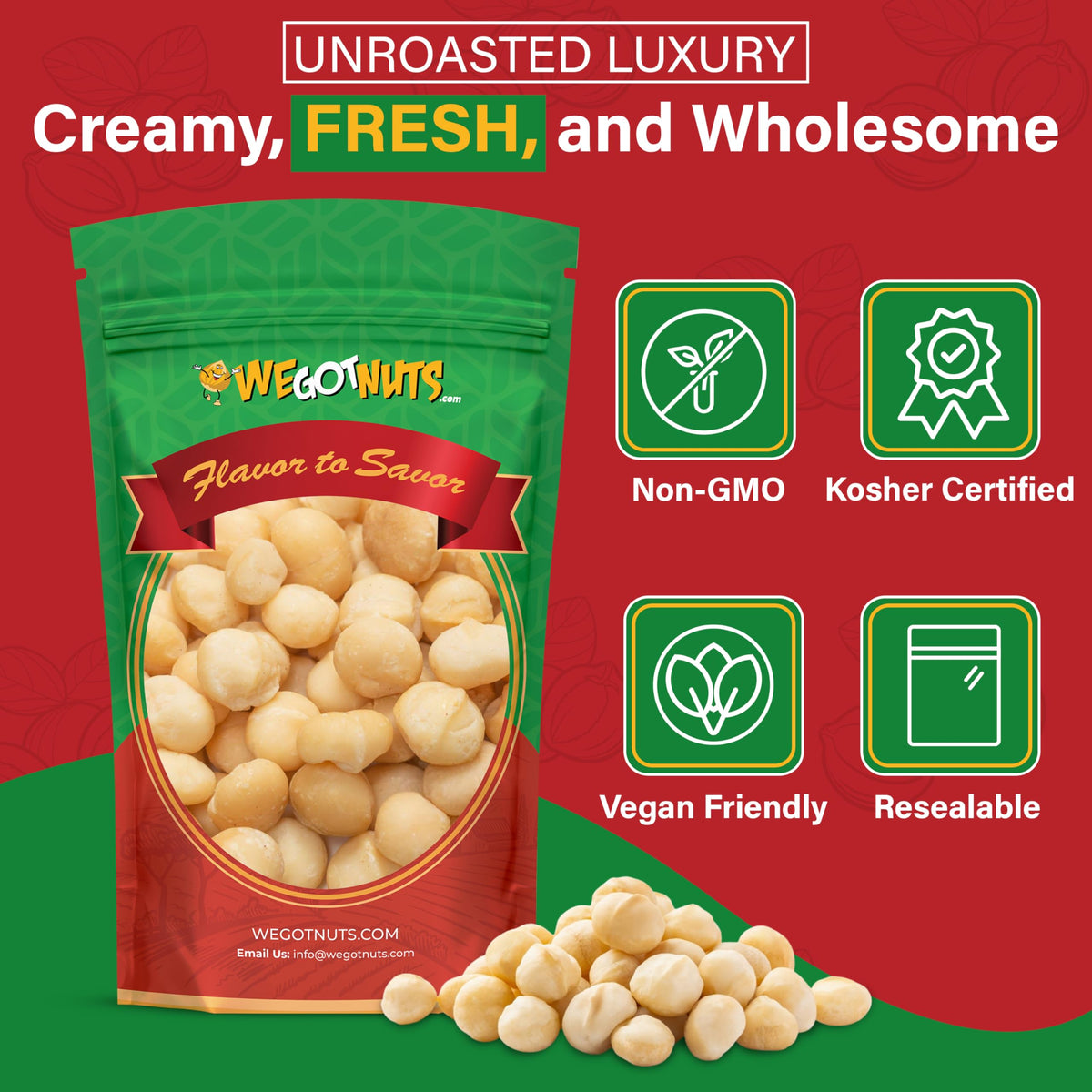 We Got Nuts unsalted macadamia nuts closeup, ideal for baking or snacking.