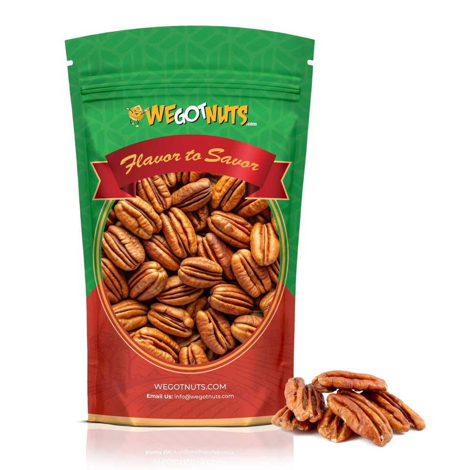 We Got Nuts pecans raw bag showing 2 lb supply, ideal for snacking and baking