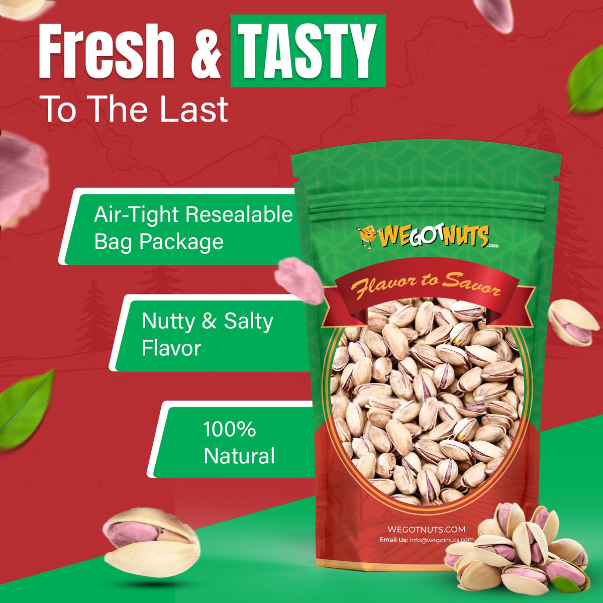 We Got Nuts pistachios in shell close-up show natural texture and quality.