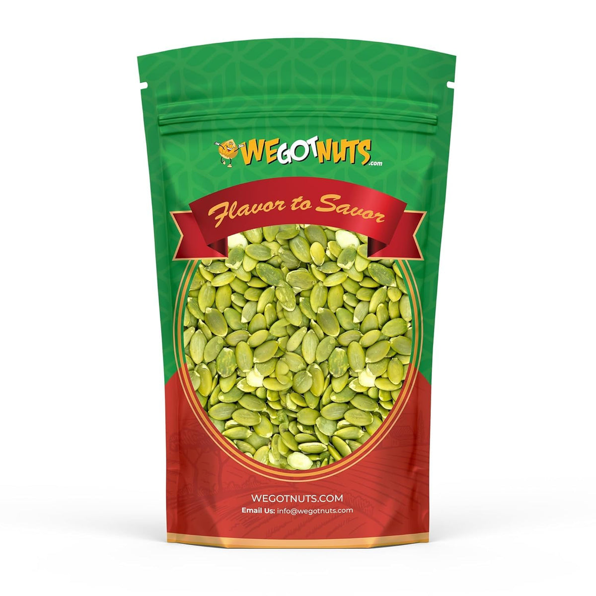 We Got Nuts pumpkin seeds in a resealable bag, perfect for snacking and salad toppings