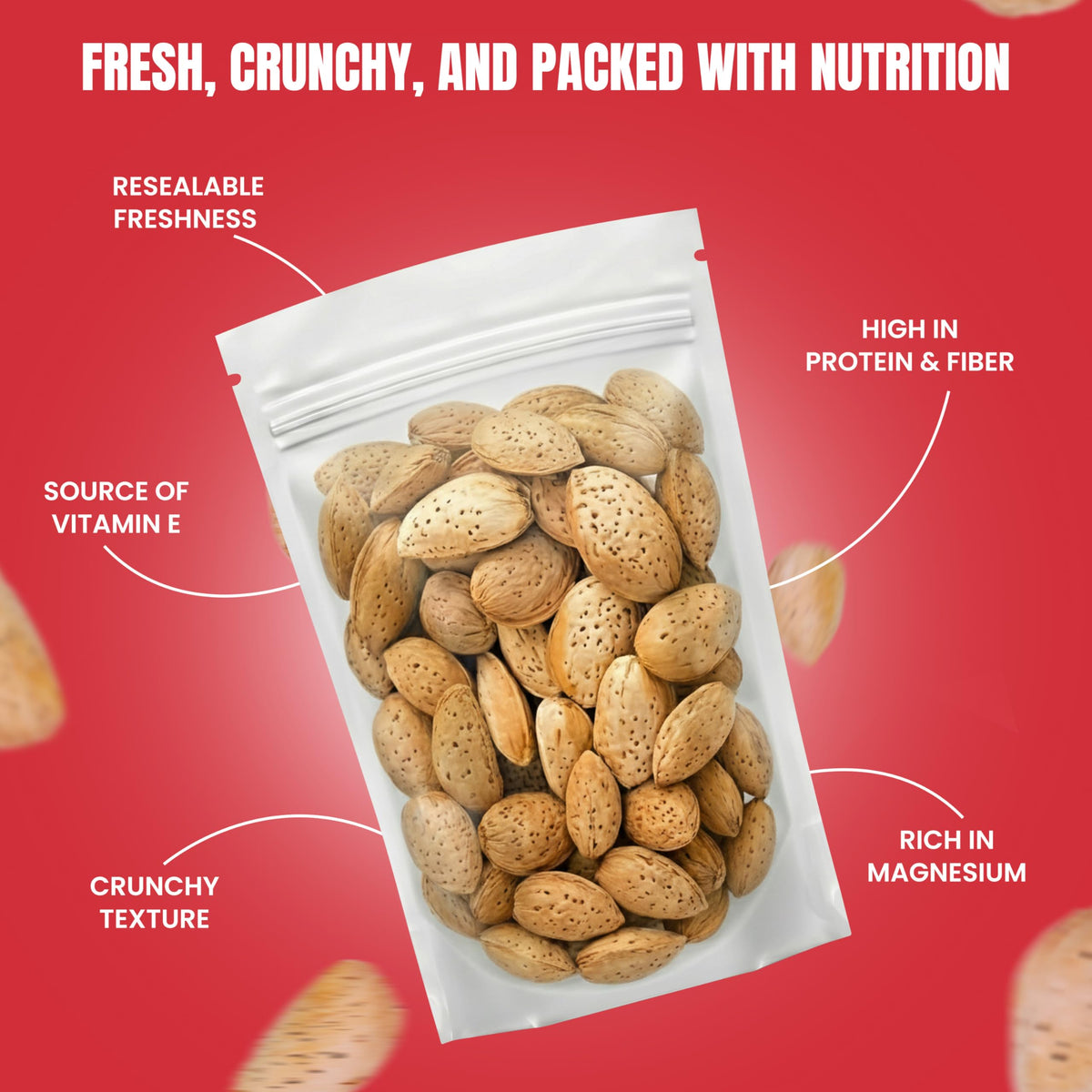 Close-up of raw in-shell almonds showing natural skins and crunch
