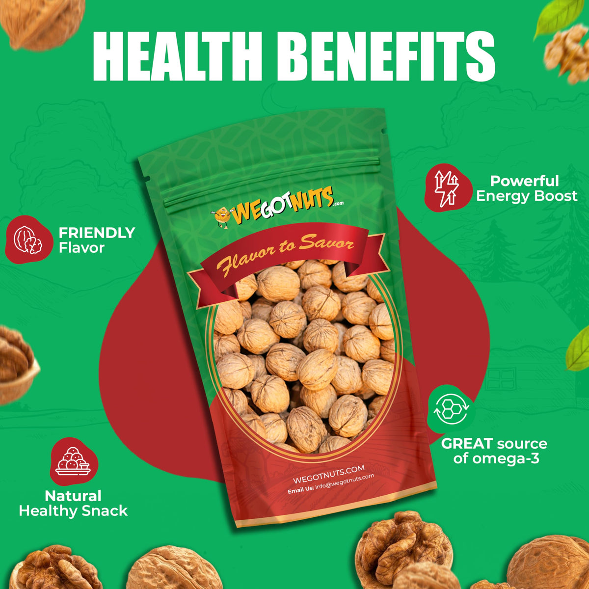 We Got Nuts raw California walnuts in shell back view highlights packaging.