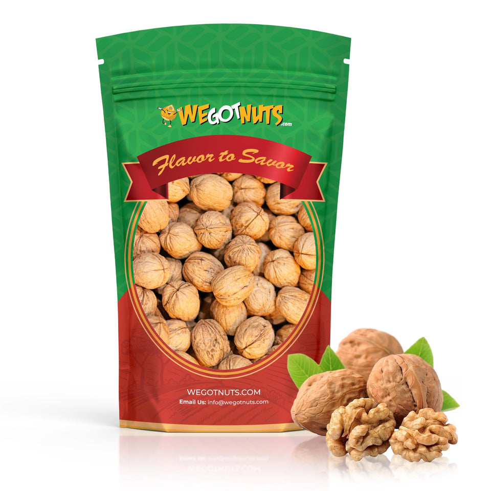 We Got Nuts raw California walnuts in shell front view for fresh snacking.