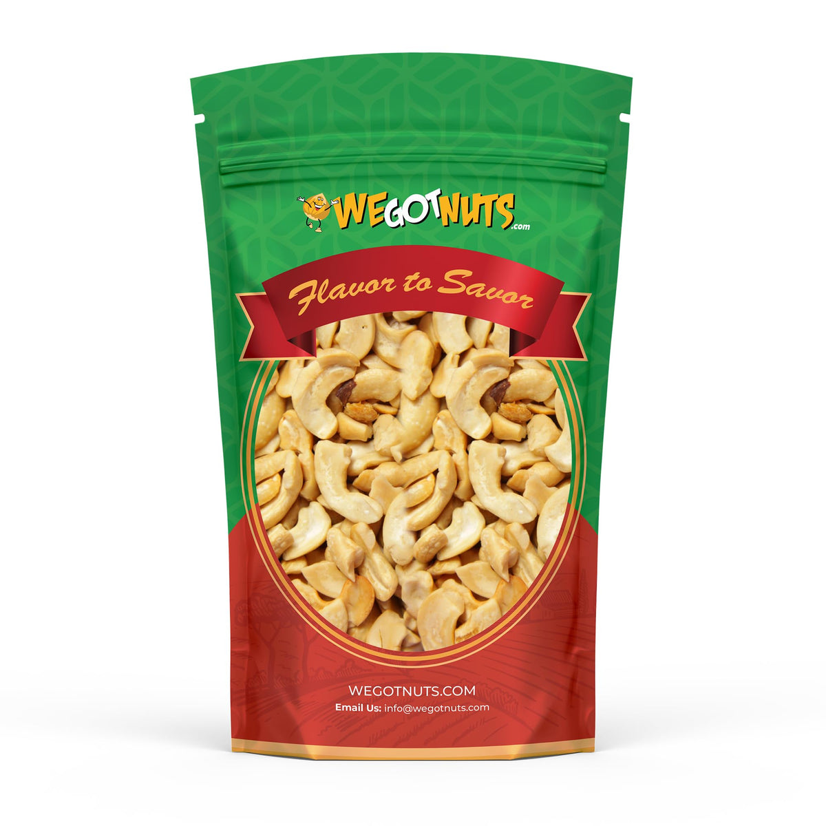 We Got Nuts raw cashew pieces in front of resealable bag, ideal for dairy-free milk.
