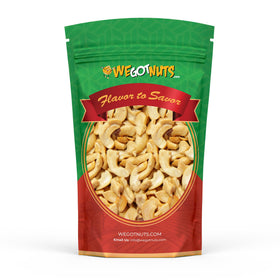 We Got Nuts raw cashew pieces in front of resealable bag, ideal for dairy-free milk.