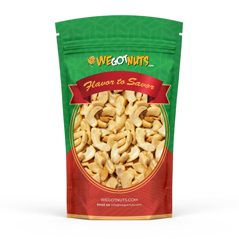 We Got Nuts raw cashew pieces in front of resealable bag, ideal for dairy-free milk.