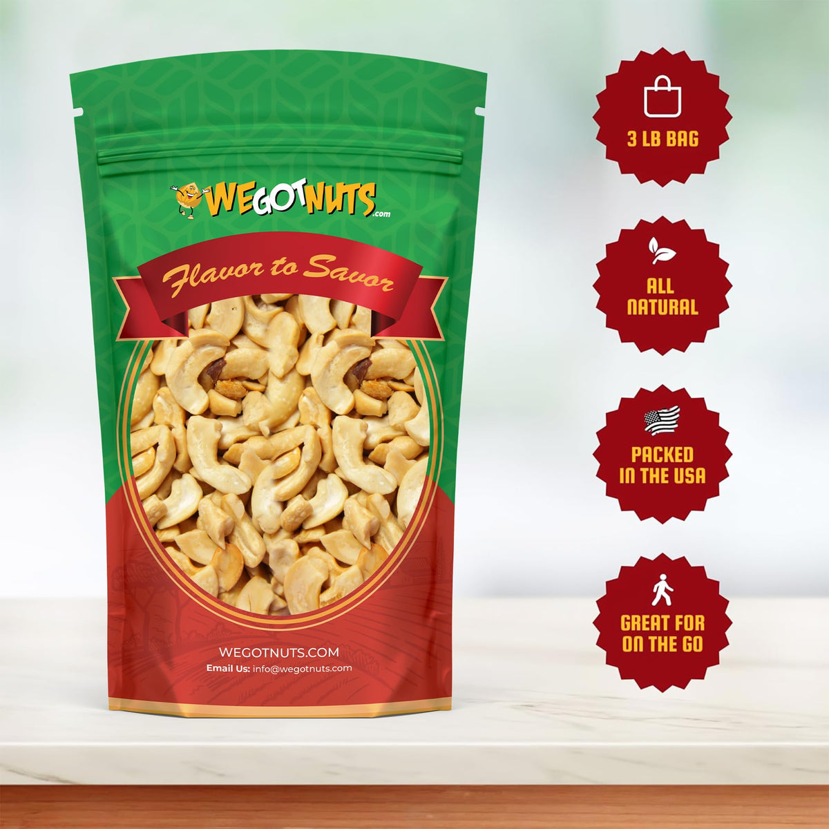 Close-up of We Got Nuts raw cashew pieces showing texture for snacking.