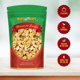 Close-up of We Got Nuts raw cashew pieces showing texture for snacking.