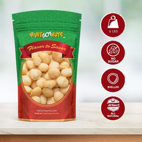 We Got Nuts Raw Deluxe Macadamia bag back—nutrition highlights and bag details for freshness.