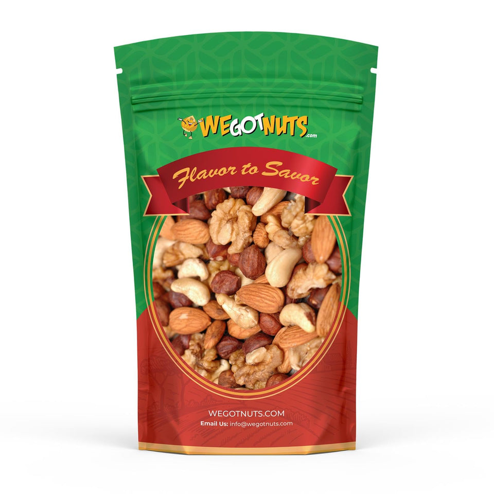 We Got Nuts Raw Deluxe Mixed Nuts packaging preserves freshness for pantry or travel