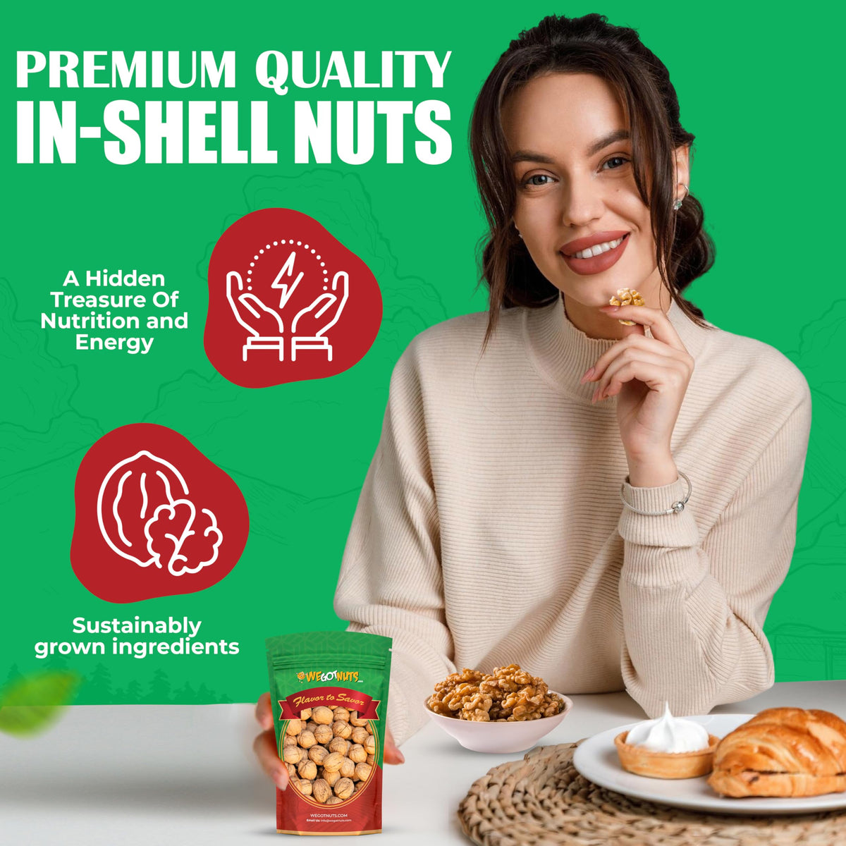 We Got Nuts 2 lb bag front view showcasing generous shell-to-nut ratio.