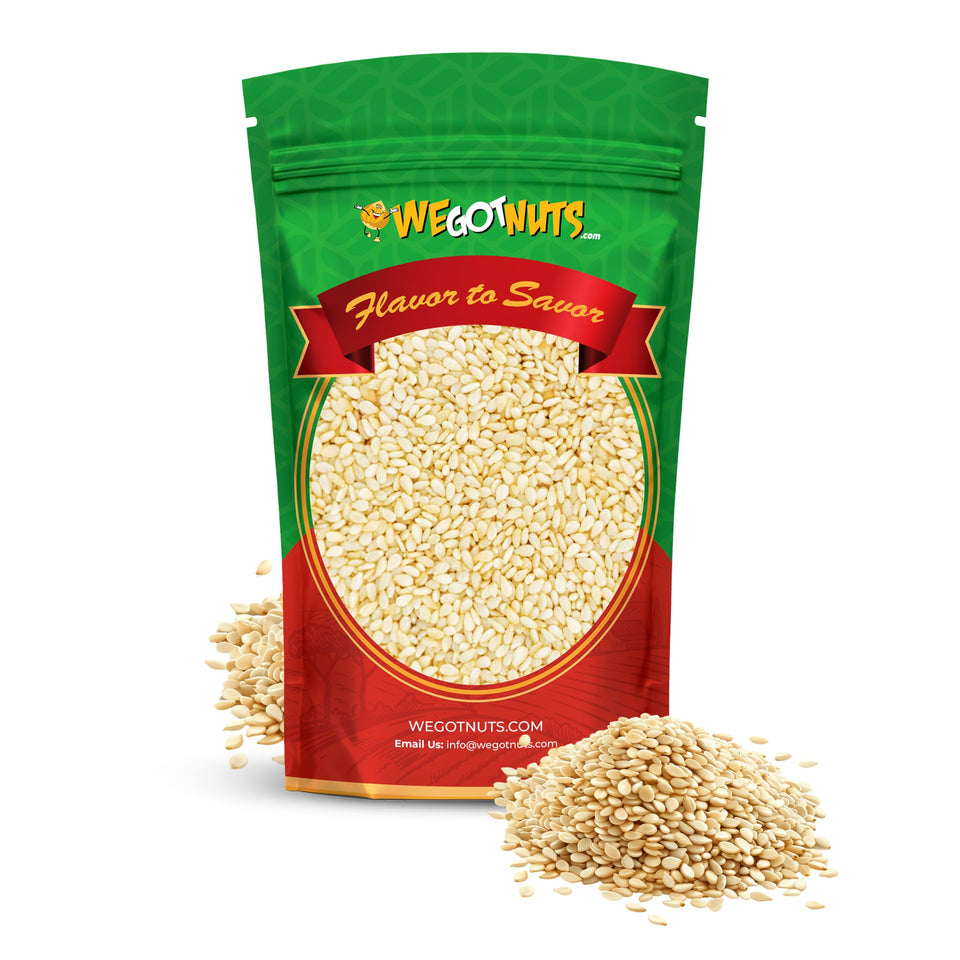 We Got Nuts white hulled sesame seeds in a 5 lb bag, ideal for baking.