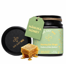 We Just Bee Manuka Honey for Dogs jar with MGO 400+ label.