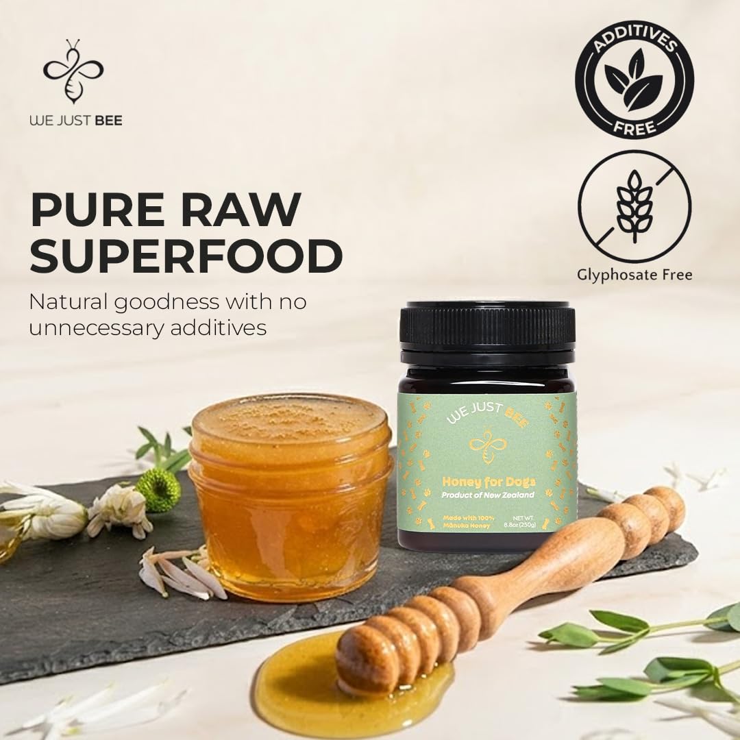 We Just Bee Manuka Honey for Dogs packaging shows traceability.