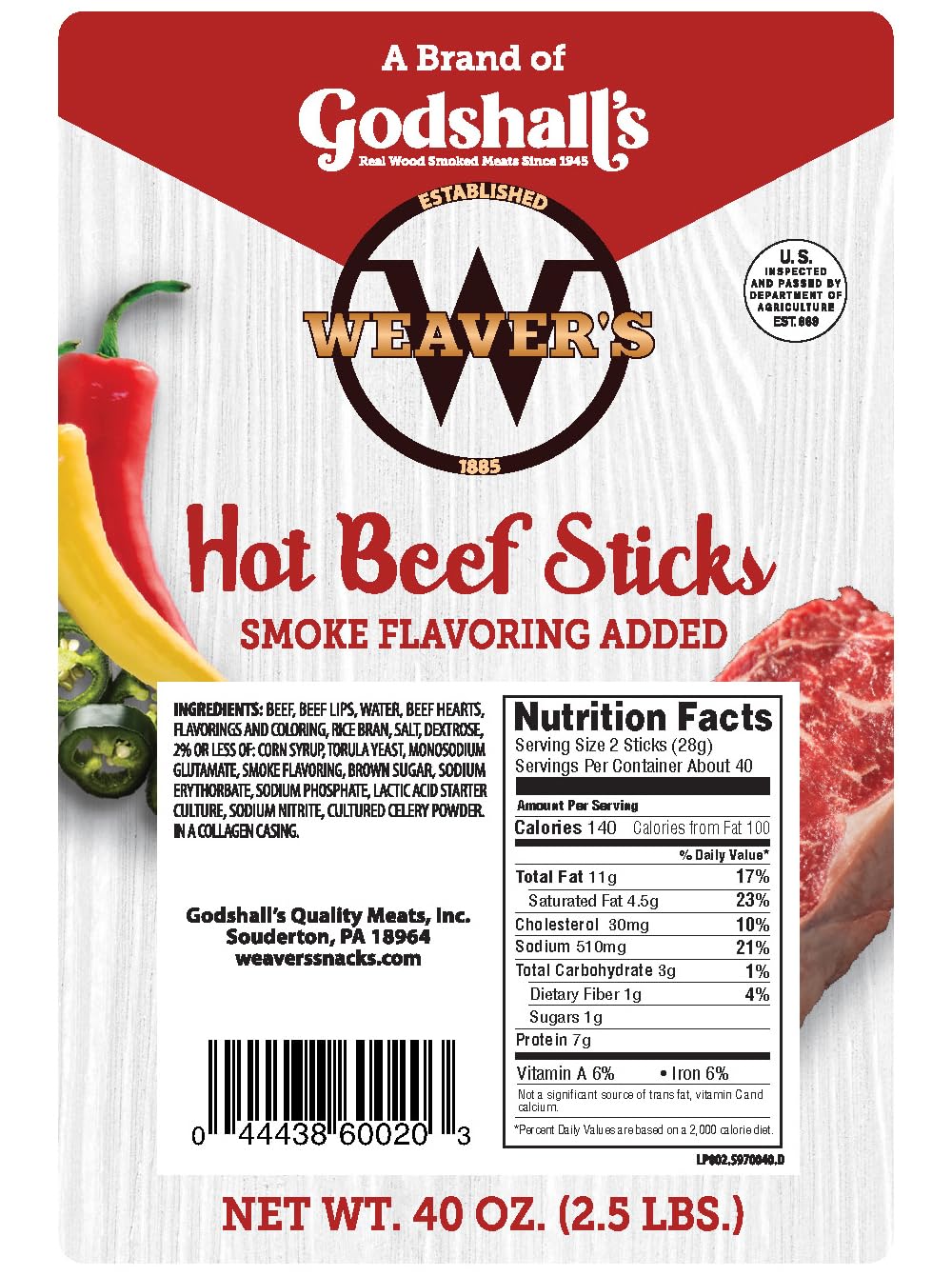 Weaver's Hot Beef Sticks 7-inch stick close-up with hearty, smoky texture
