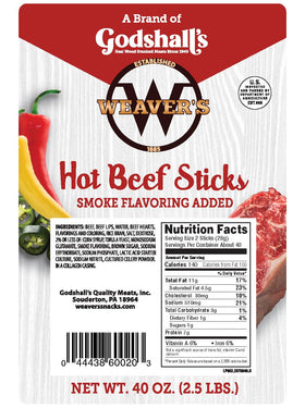 Weaver's Hot Beef Sticks 7-inch stick close-up with hearty, smoky texture